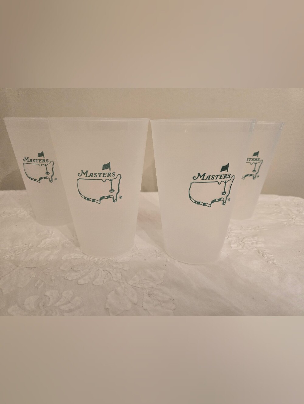 Frosted White Plastic Cups with Green Masters Logo - Set of 4